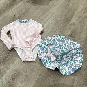 EUC Tommy Bahama long sleeve one piece bathing suit with matching hat sz 24 mos